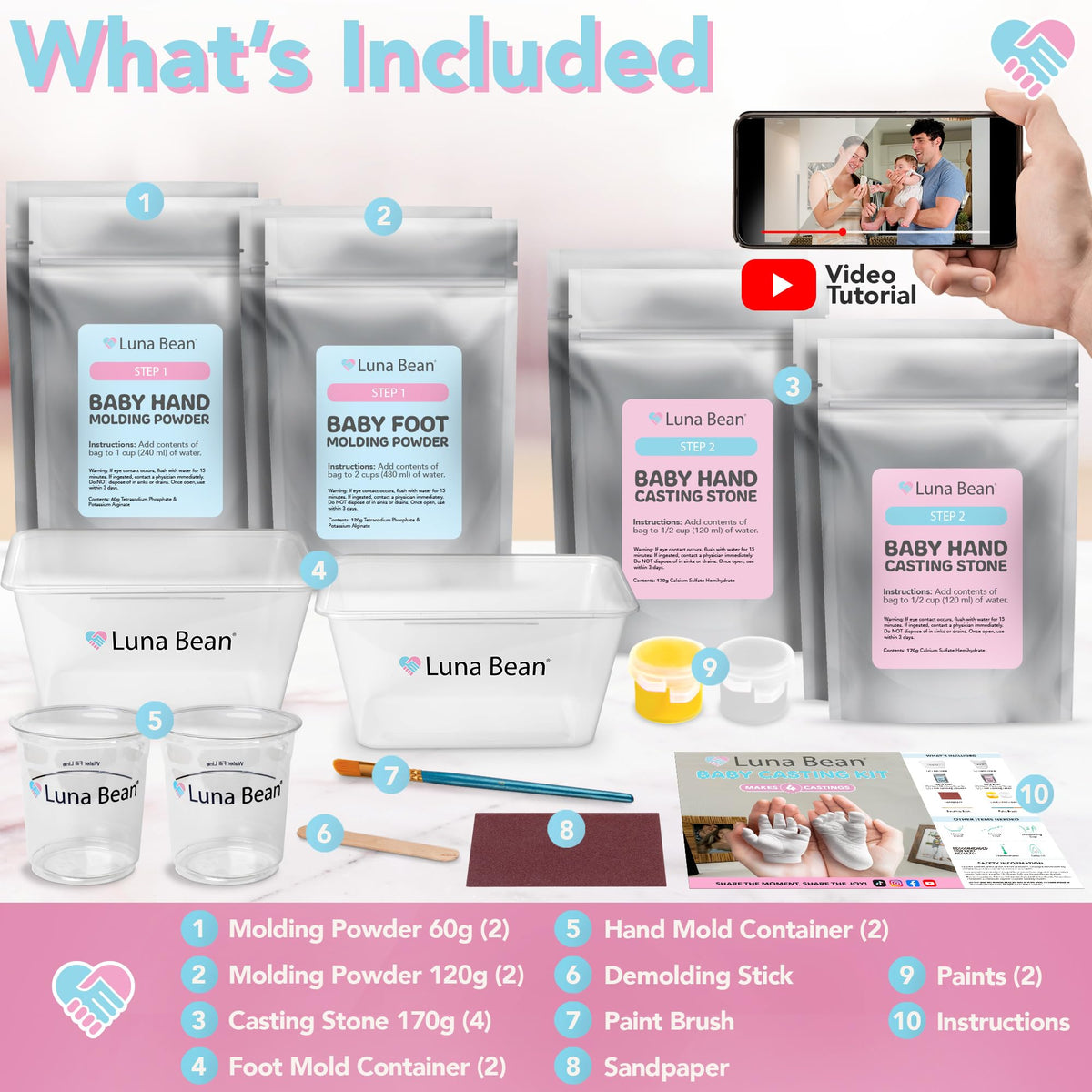Luna Bean Baby Casting Kit - Hand & Foot Keepsake Mold, 4pc, New Mom Gift The original baby casting kit - captures newborn hand & foot forever. Non-toxic. Makes 2 sets: one to keep, one to gift