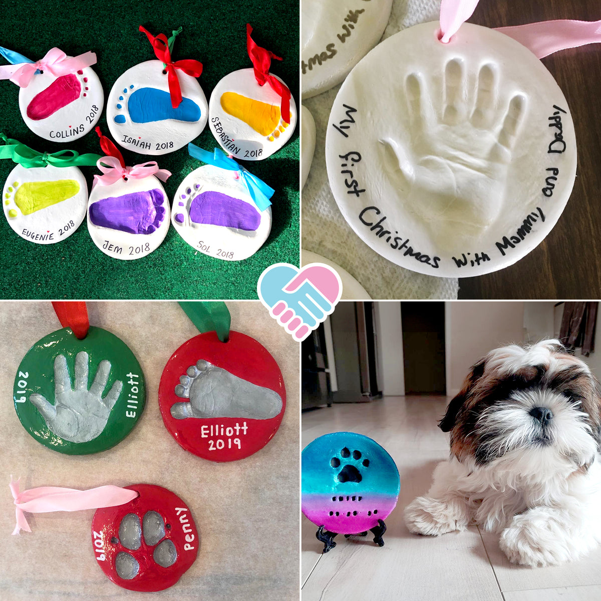 Baby Handprint Ornament Making Kit with Paint Set, Easel & Ribbons, Makes 2 Easy-to-use air-dry clay kit - makes 2 handprint or footprint keepsakes, grandparents & holidays