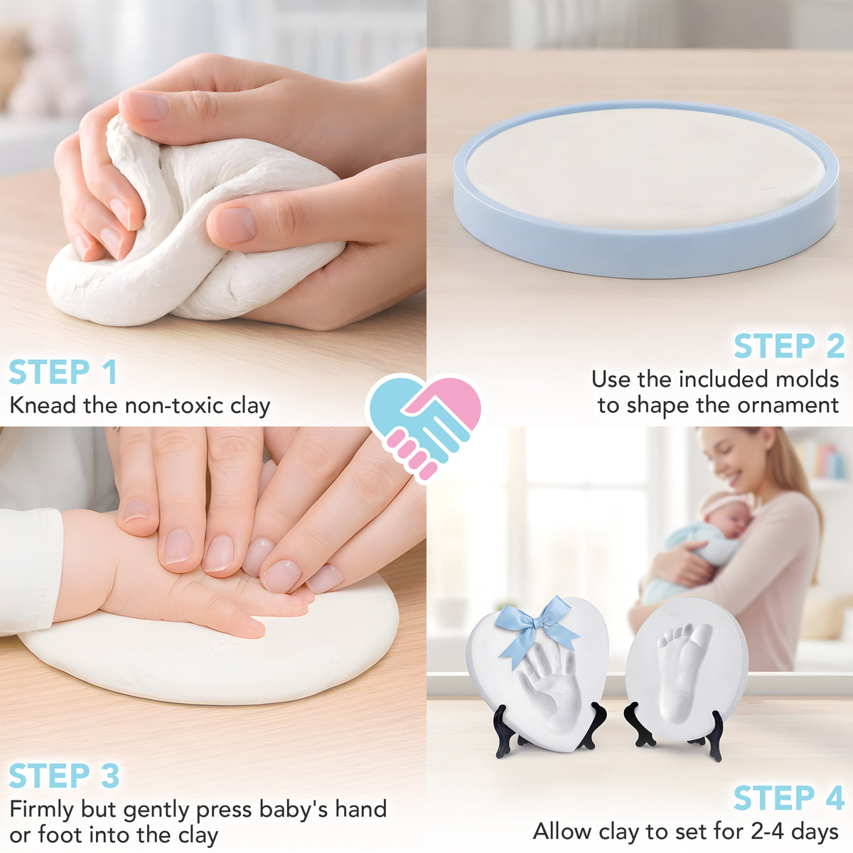 Baby Handprint Ornament Making Kit with Paint Set, Easel & Ribbons, Makes 2 Easy-to-use air-dry clay kit - makes 2 handprint or footprint keepsakes, grandparents & holidays