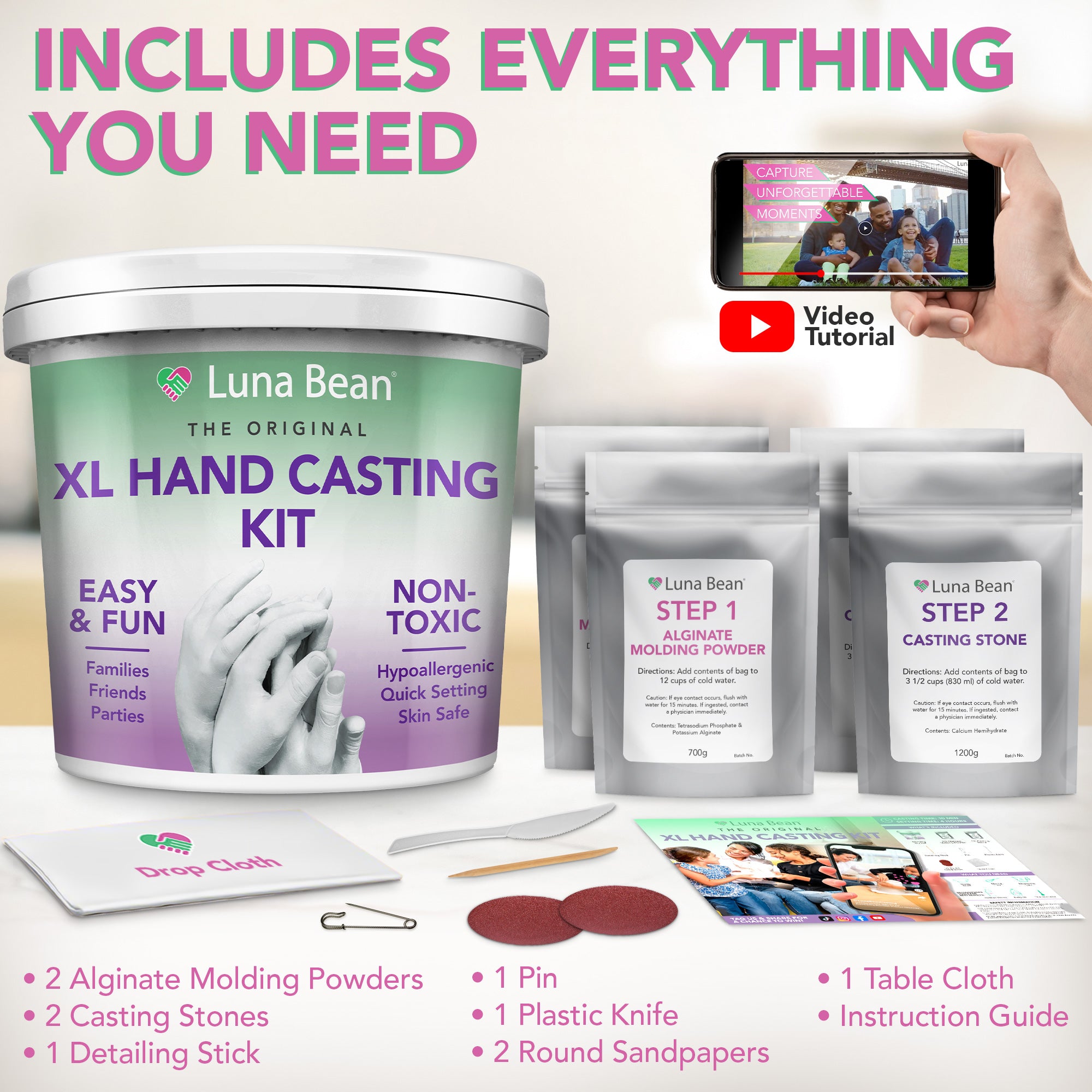 Luna Bean XL Family Hand Casting Kit – Extra Large Hand Mold Kit for Families, Casts Up to 6 Hands – Unique Family Gifts Ideas, Parents, Grandparents & Keepsake Memorial
