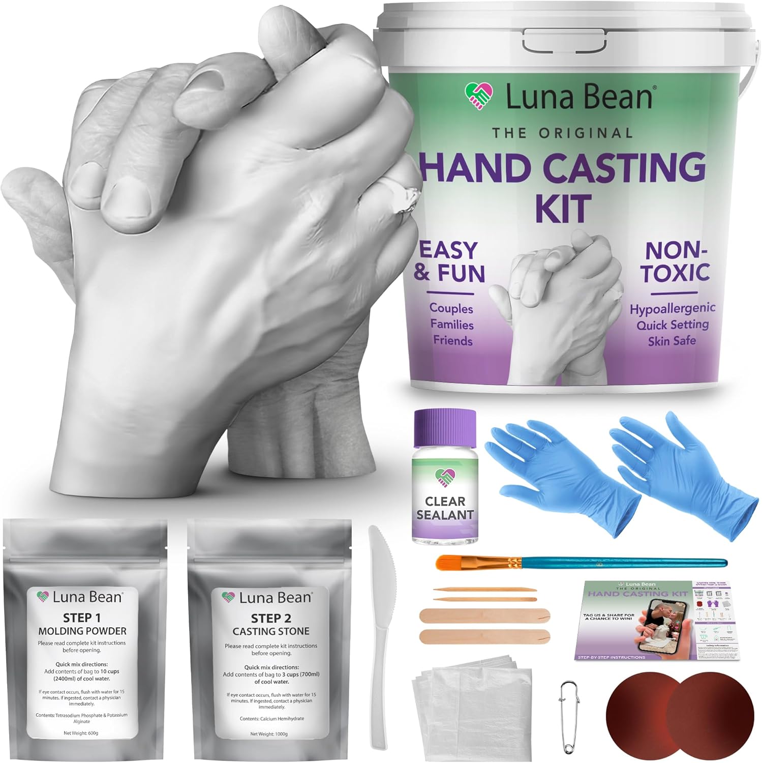 Luna Bean Hand Casting Kit - Valentines Day Gifts for Her Wife Him Men Husband, Engagement Gifts for Couples Anniversary Wedding Bridal Shower, Mom Kids Valentine’s Girlfriend Boyfriend Hand Molding