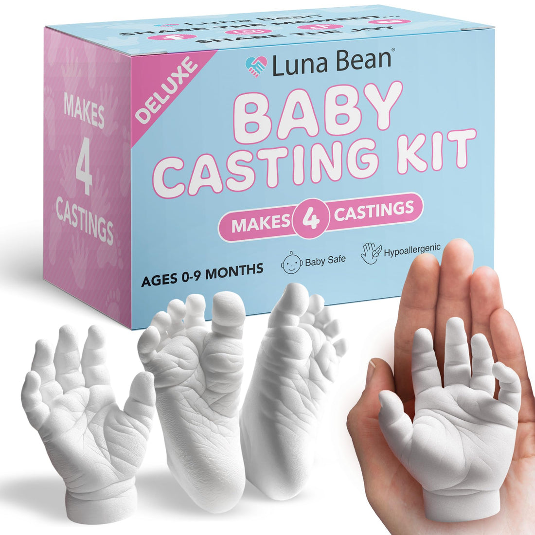 Luna Bean Baby Casting Kit - Hand &amp; Foot Keepsake Mold, 4pc, New Mom Gift The original baby casting kit - captures newborn hand &amp; foot forever. Non-toxic. Makes 2 sets: one to keep, one to gift