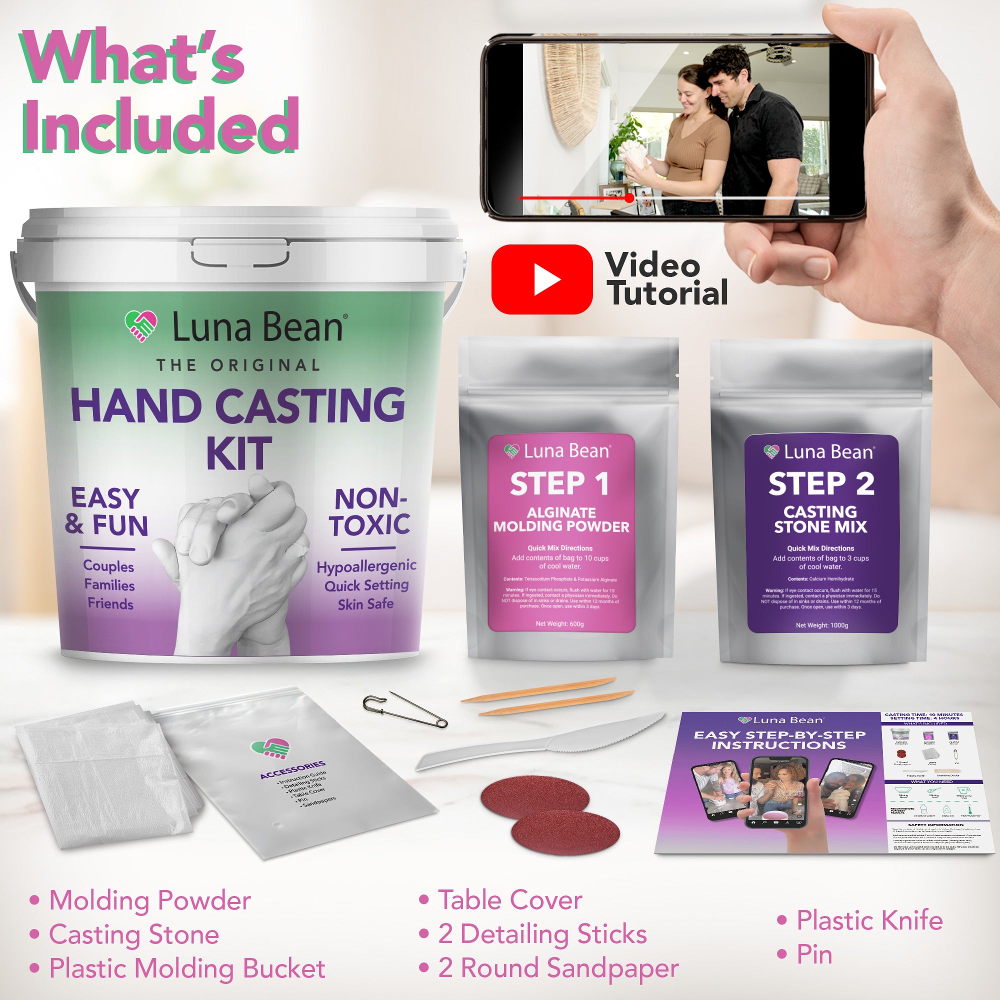 Luna Bean Hand Casting Kit – The Original Hand Mold Kit for Couples – Gifts for Him and Her - Anniversary Engagement Birthday Gifts for Women Men Mom Wife Boyfriend Girlfriend Wedding Bridal Shower