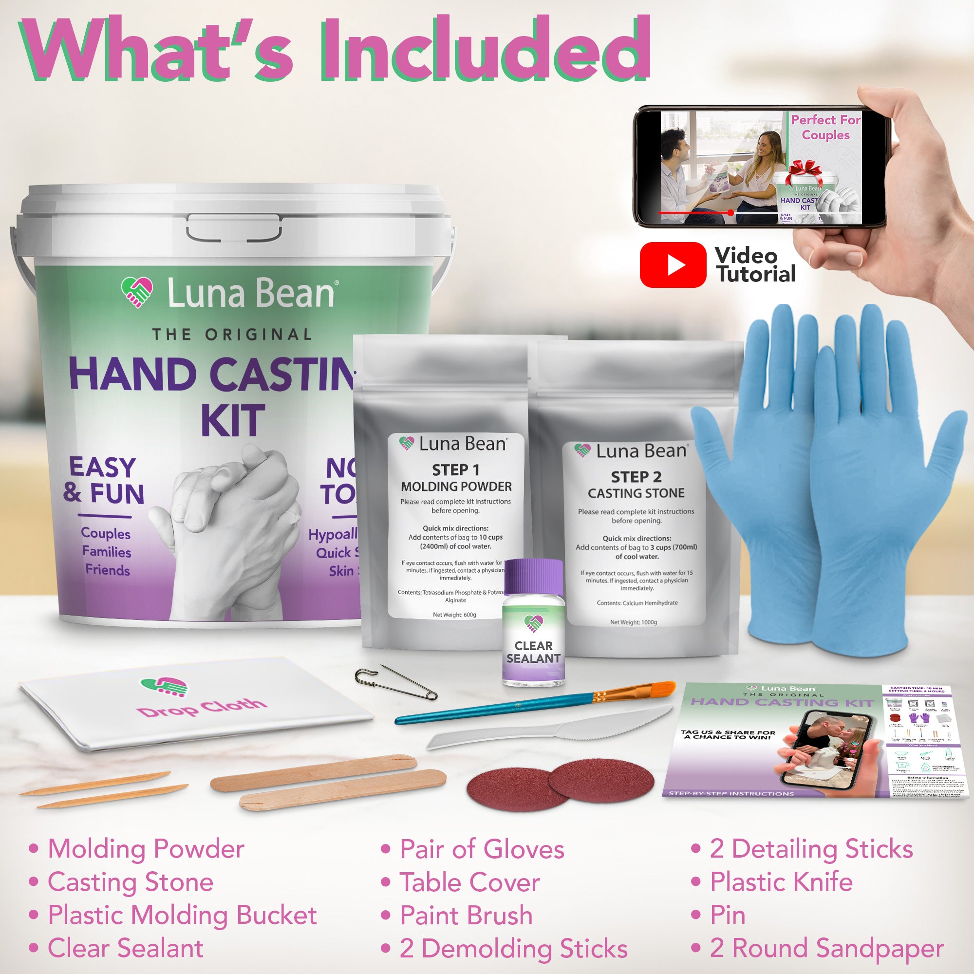 Luna Bean Baby Hand & Foot Casting Kit - Plaster Keepsake Kit For Newborns, First Birthday, Baby Shower Gifts