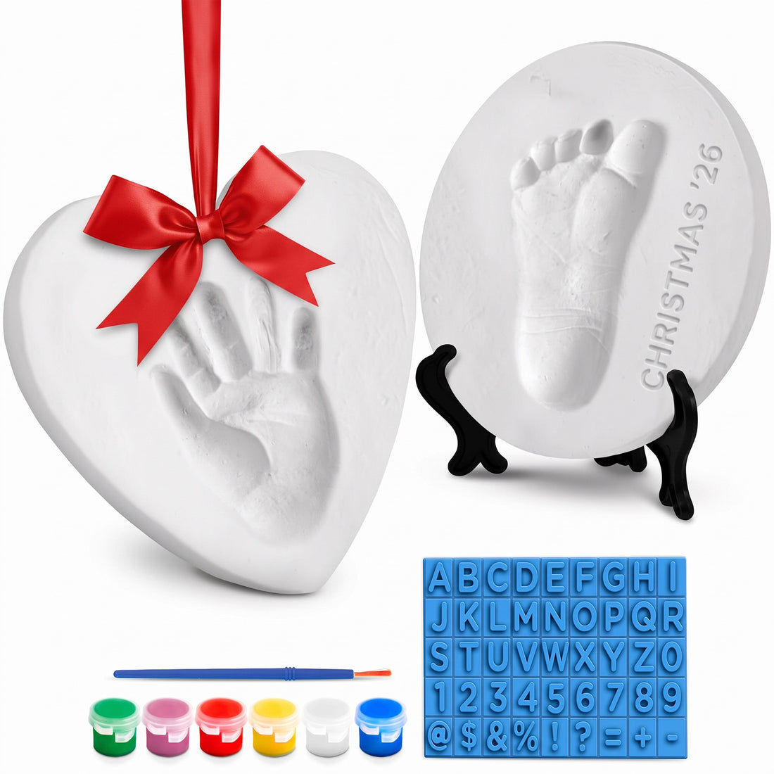 Baby Handprint Ornament Making Kit - Clay Hand &amp; Footprint, First Christmas Captures Tiny Hands and Feet; Easy, Non-Toxic Air-Dry Clay, No Baking; Makes 2 Ornaments with Paint, Easel and Ribbons