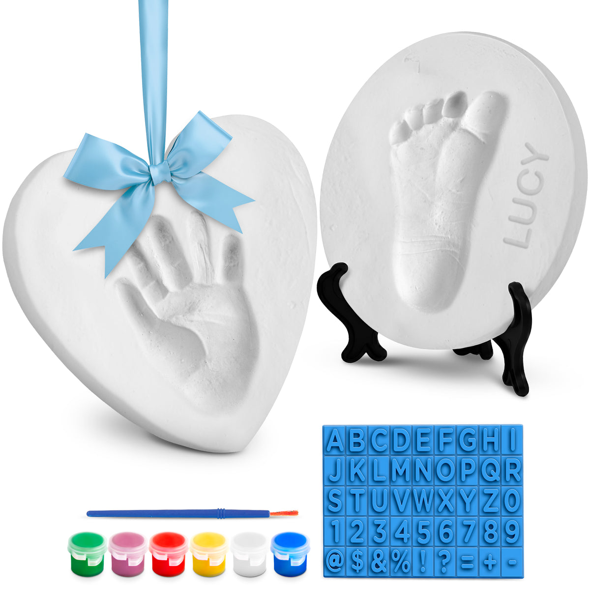 Baby Handprint Ornament Making Kit with Paint Set, Easel &amp; Ribbons, Makes 2 Easy-to-use air-dry clay kit - makes 2 handprint or footprint keepsakes, grandparents &amp; holidays