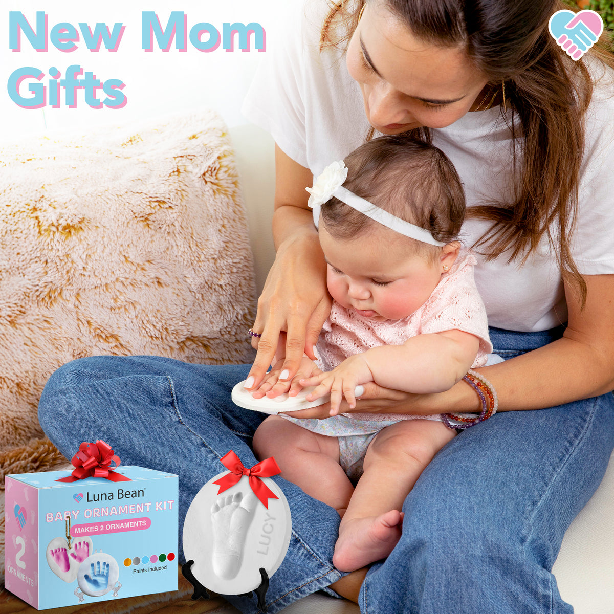 Baby Handprint Ornament Making Kit with Paint Set, Easel &amp; Ribbons, Makes 2 Easy-to-use air-dry clay kit - makes 2 handprint or footprint keepsakes, grandparents &amp; holidays