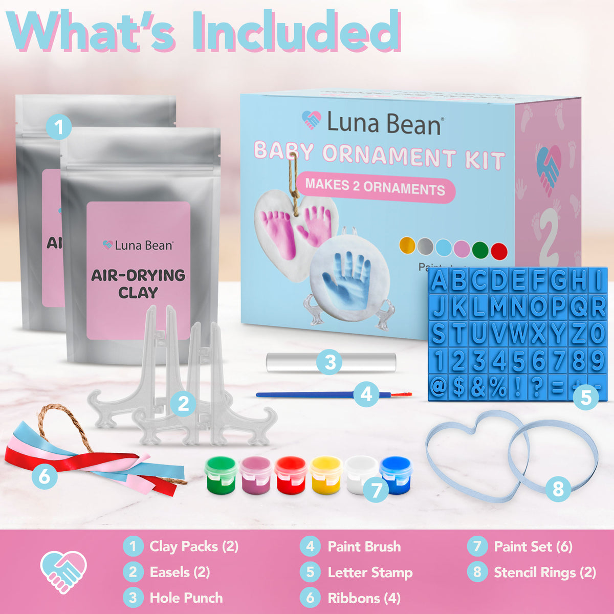 Baby Handprint Ornament Making Kit with Paint Set, Easel &amp; Ribbons, Makes 2 Easy-to-use air-dry clay kit - makes 2 handprint or footprint keepsakes, grandparents &amp; holidays