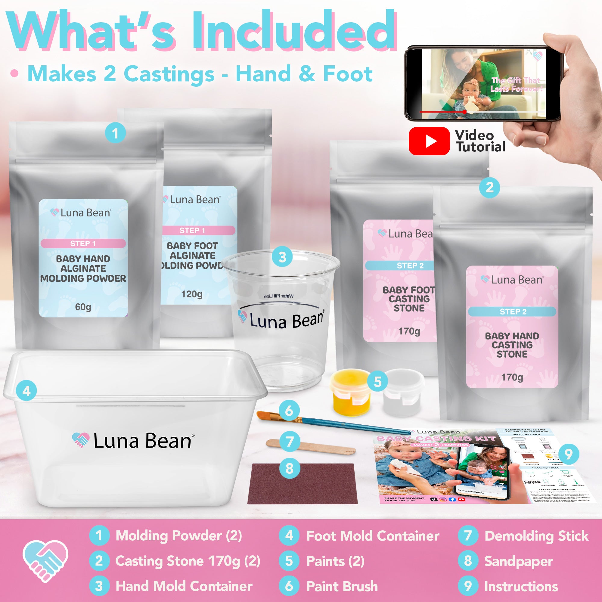 Luna Bean Baby Footprint & Hand Casting Kit – Newborn Milestone Keepsake Kit for Boys & Girls - Baby Shower Gifts Registry Must Have