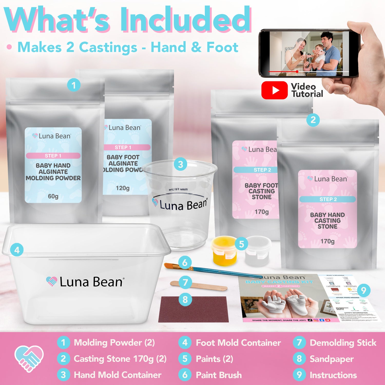 Luna Bean Baby Footprint and Hand Casting Kit (2 Pack) Personalized Baby Gifts for New Mom - Infant Newborn Foot Handprint Keepsake Mom to Be Gift