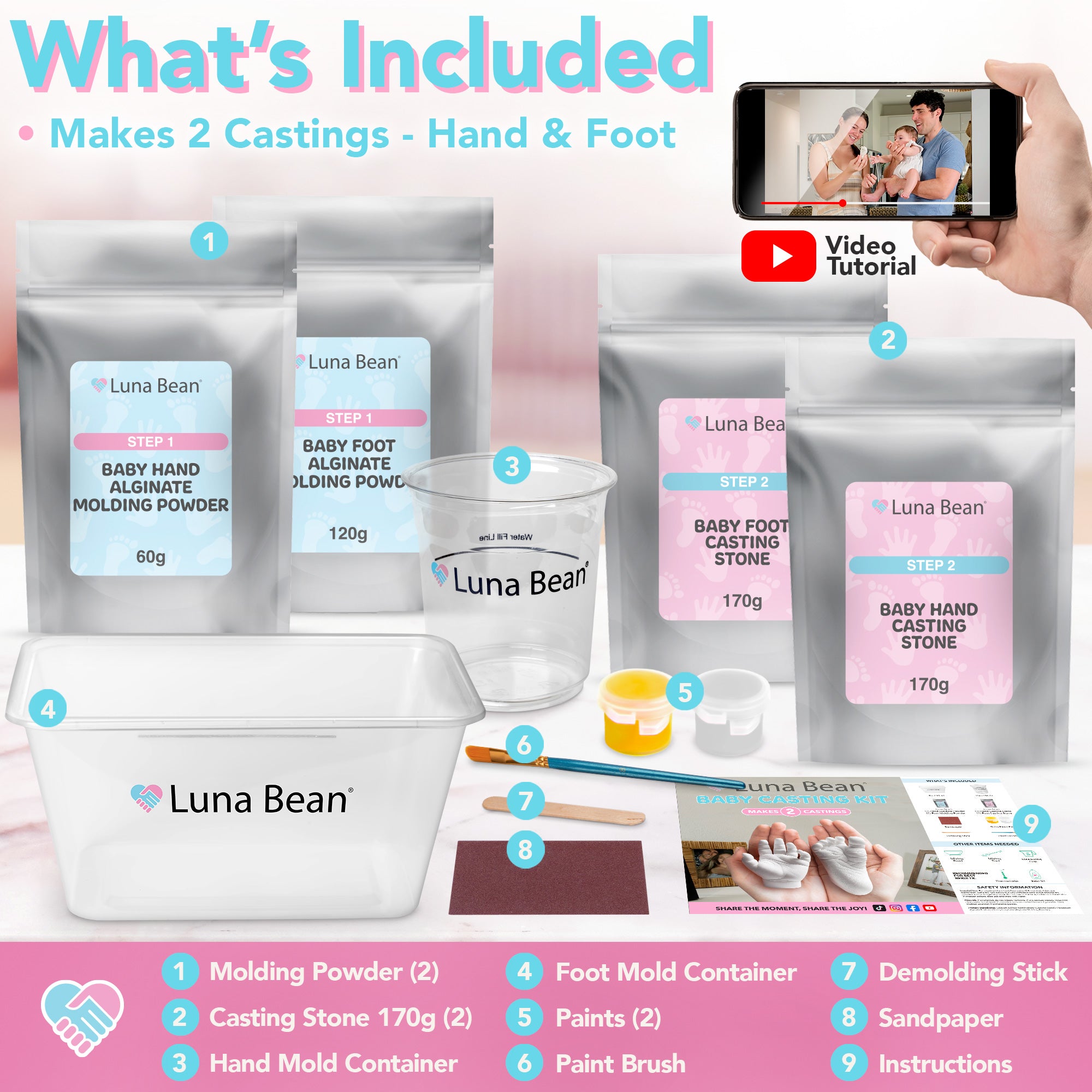 Luna Bean Baby Footprint and Hand Casting Kit (2 Pack) Personalized Baby Gifts for New Mom - Infant Newborn Foot Handprint Keepsake Mom to Be Gift