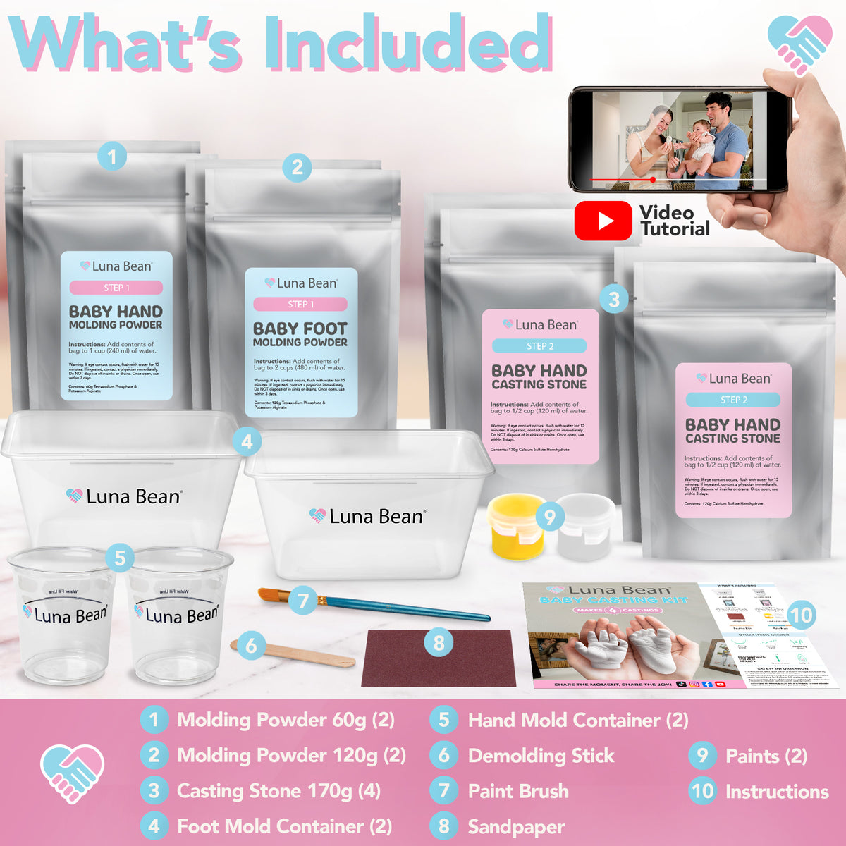 Luna Bean Baby Casting Kit - Hand &amp; Foot Keepsake Mold, 4pc, New Mom Gift The original baby casting kit - captures newborn hand &amp; foot forever. Non-toxic. Makes 2 sets: one to keep, one to gift