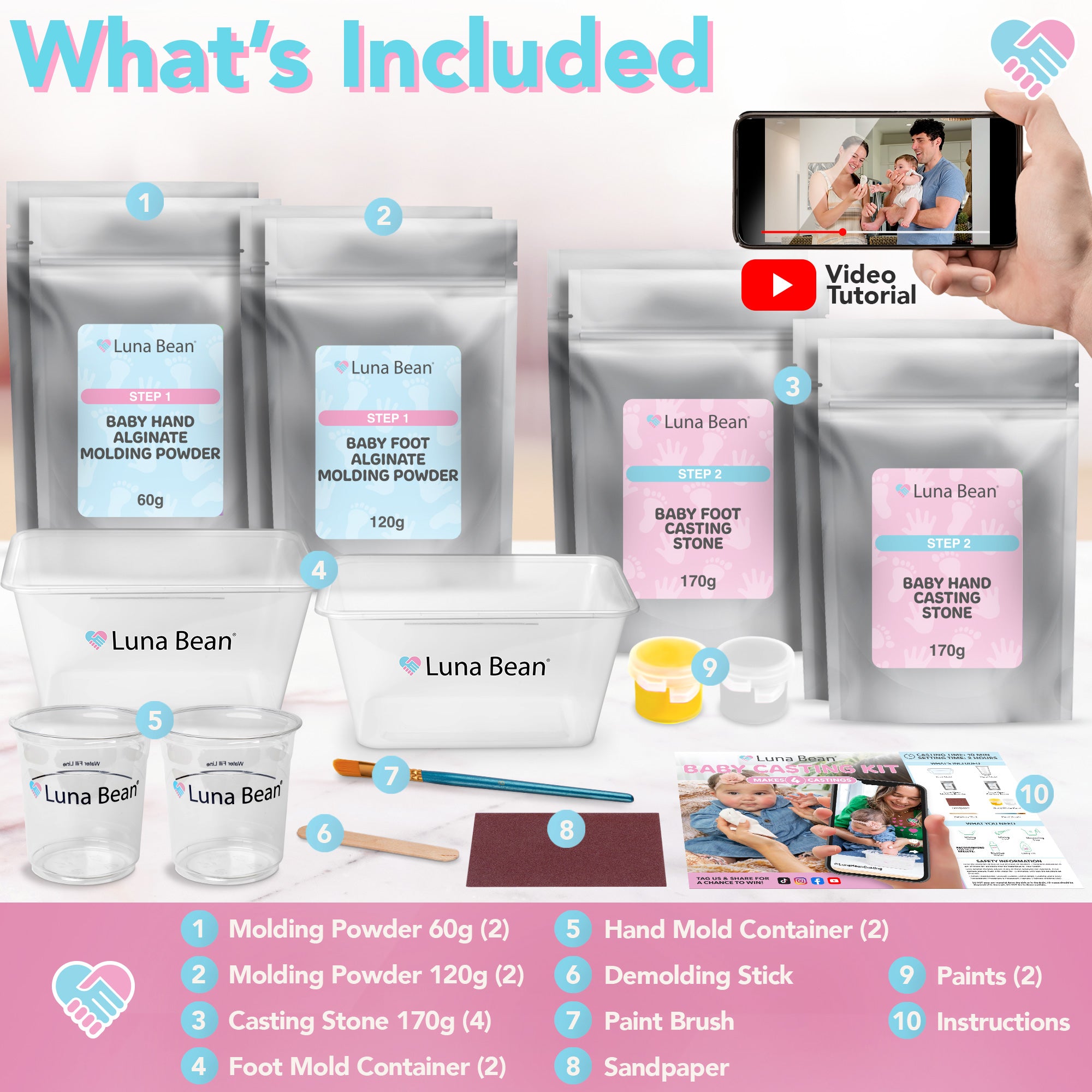 Luna Bean Baby Footprint &amp; Hand Casting Kit (4 Pack) Newborn Keepsake Foot Hand Mold Kit - Baby Shower New Mom Gifts